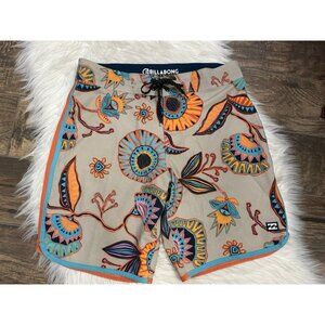 Billabong Size 30 Recycler 73 Pro Beige Orange Aqua Floral Board Shorts Swimsuit
